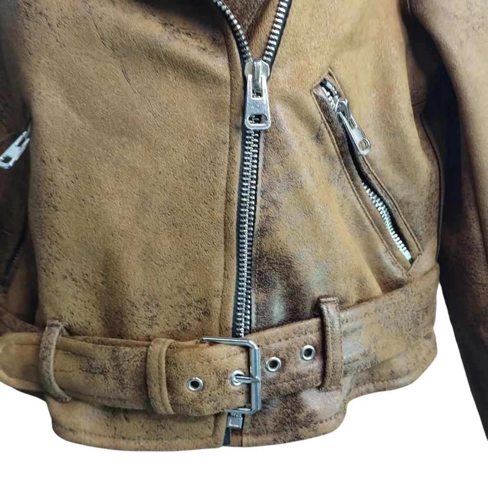Bershka Women's Size Medium Brown Faux Suede /Leather Cropped Jacket ZIP Up Belt - Picture 4 of 8